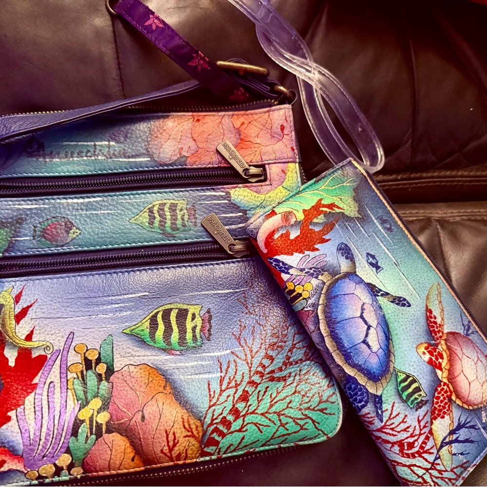 Marine Life hand painted leather crossover Bag with matching wallet by Anuschka